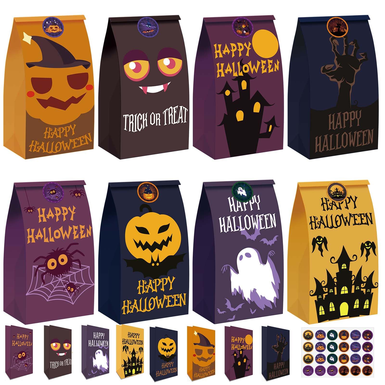 M-sorflly Halloween Treat Bags Large,24pcs Halloween Goodie Bags Paper,Trick or Treat for Kids Candy Bags and 24pcs Halloween Stickers Gift Bags