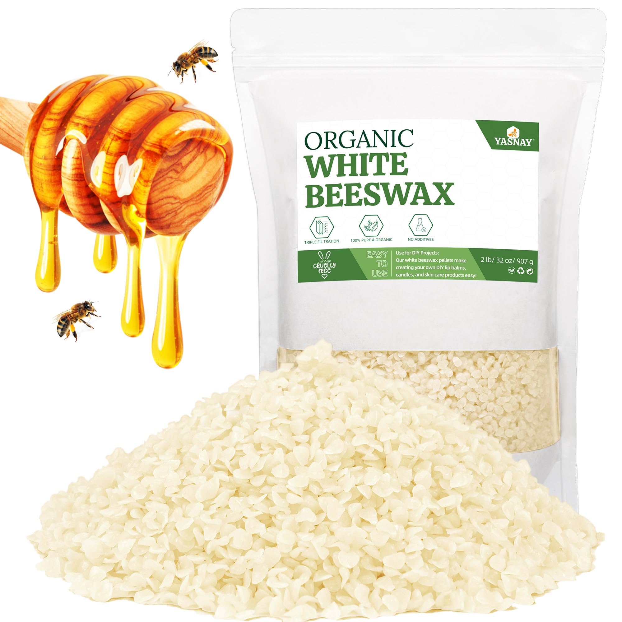 YASNAY White Beeswax Pellets 2LB, 100% Organic Beeswax, Beeswax for Candle Making, Body, Skin Care DIY, Lip Balm and Soap Making Supplies