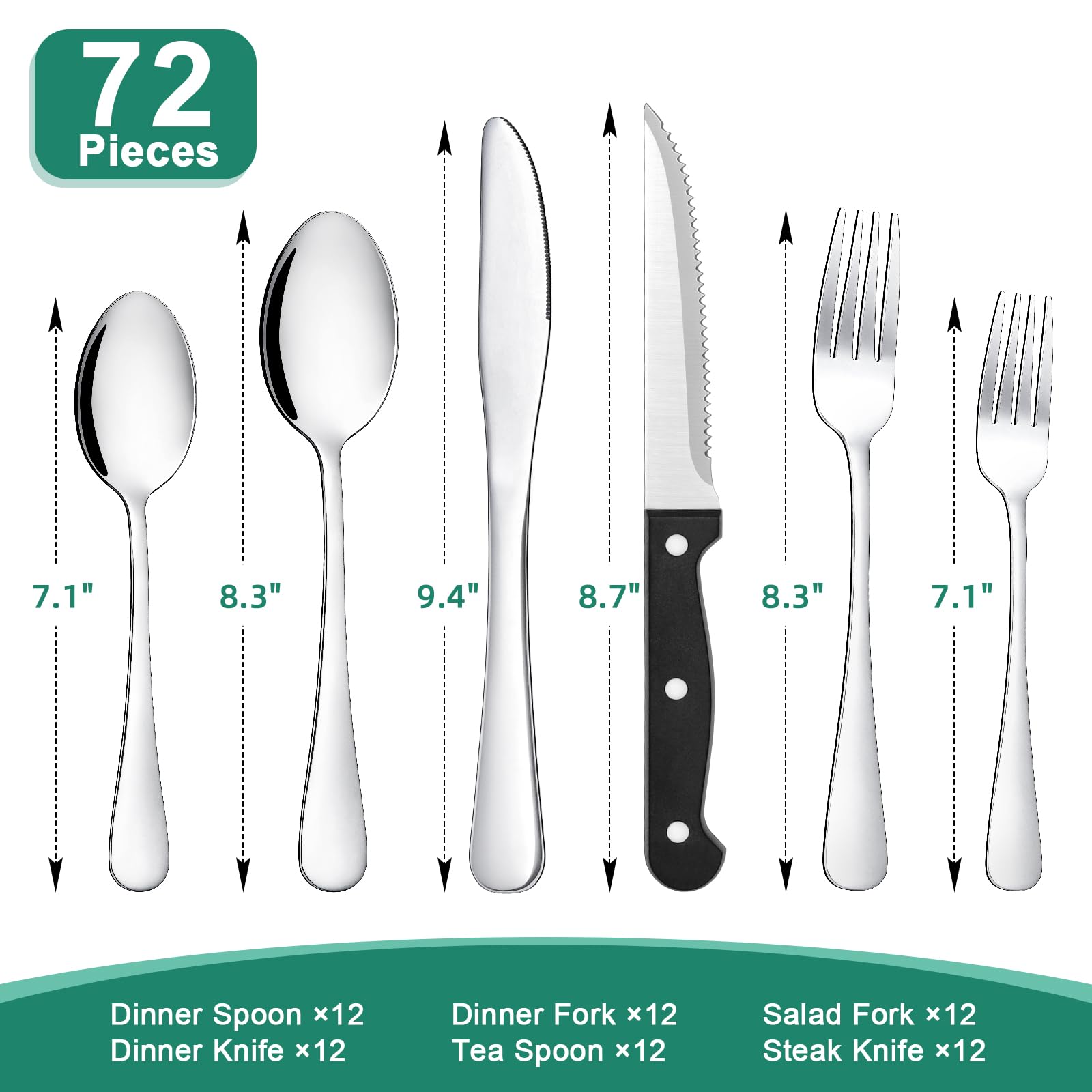 AIKWI 72-Piece Silverware Set with Steak Knives Service for 12, Stainless Steel Cutlery Flatware Set, Mirror Polished Tableware Utensils Set for Home Party Hotel Kitchen, Dishwasher Safe