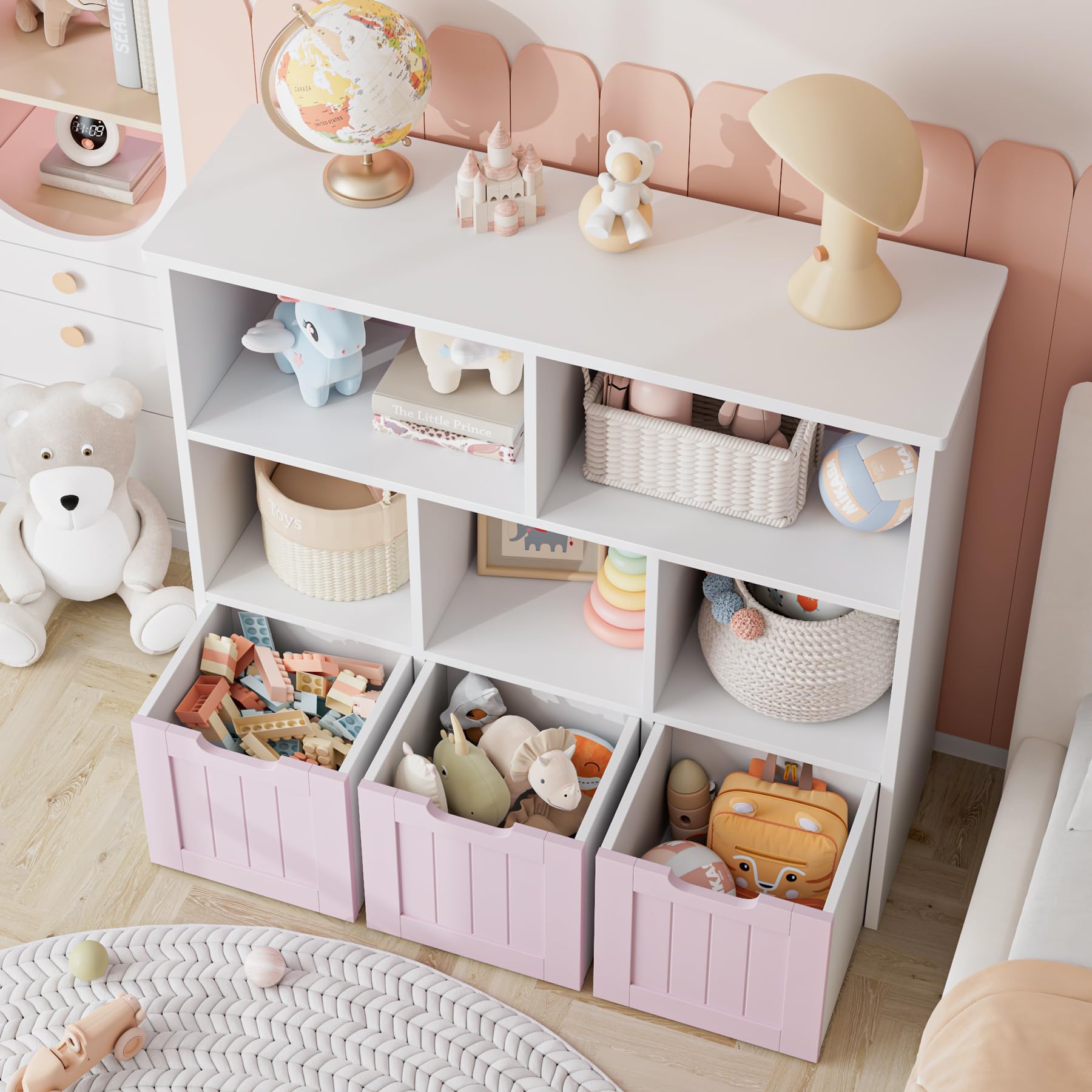 FOTOSOK Toy Storage Organizer with 3 Movable Drawers, Floor Storage Cabinet Toy Chest with Hidden Wheels and 5 Storage Cubbies, Multifunctional Storage Chest for Living Room, Home Office, Pink