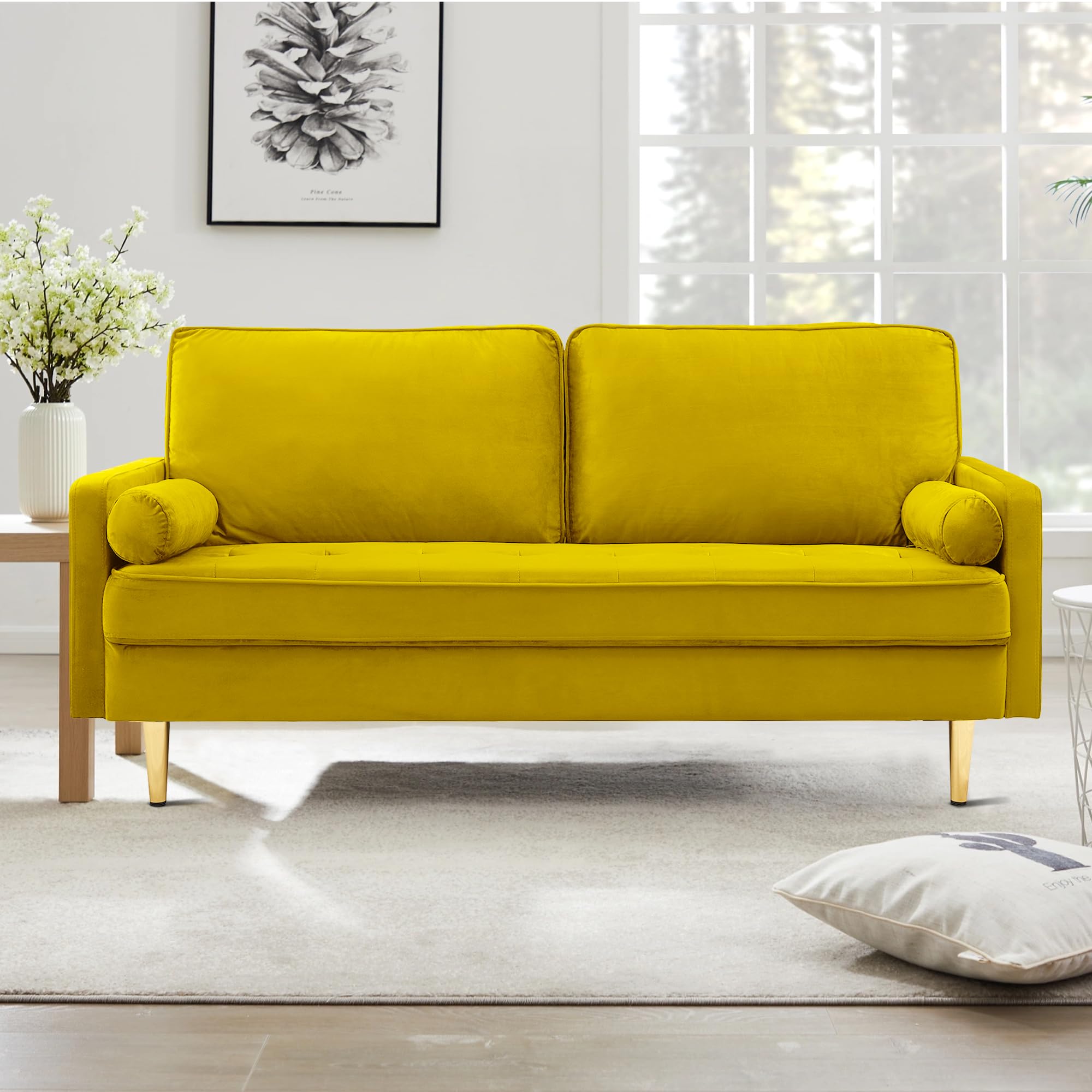 Hdxdkog Velvet Loveseat Sofa, 66.9'' Mid Century Modern Small Love Seats with 2 Pillows & Golden Legs Comfy Couch for Living Room, Upholstered 2 Seater Sofa for Small Apartment (Yellow)