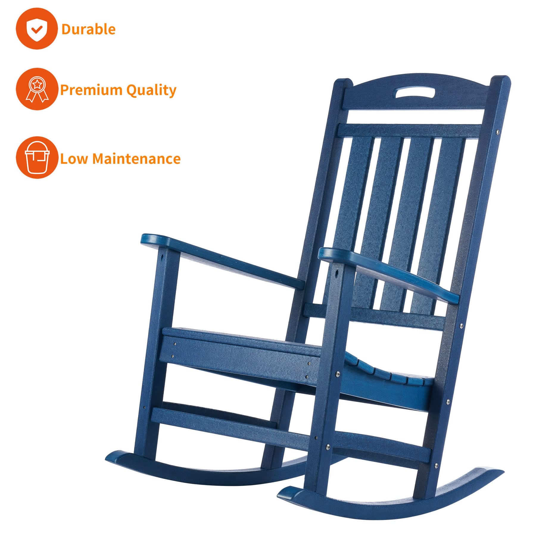 Adiromoti Outdoor Rocking Chair, All-Weather Resistant Poly Lumber Rocker Chair Outdoor, High Back Plastic Patio Rocking Chairs for Outside Porch Rocker Garden Lawn, Navy Blue