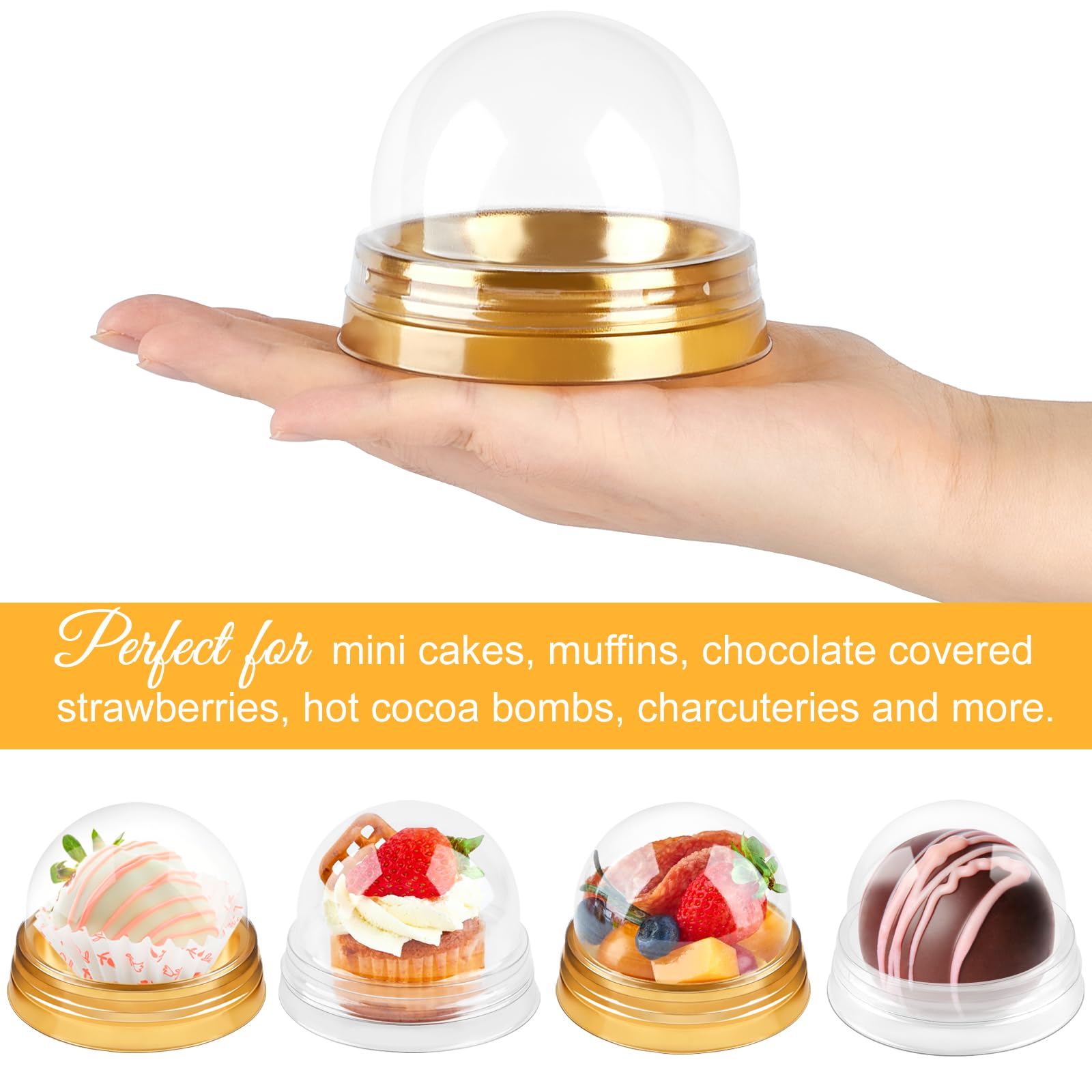 Zezzxu 3 Inch Charcuterie Domes with Lids, 50 Pack Clear Plastic Bundt Cake Containers Hot Cocoa Bombs Boxes Individual Cups for Packaging Desserts Strawberries (Gold Base)