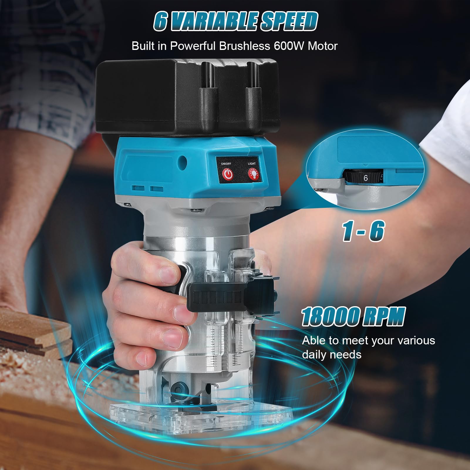 Cordless Compact Router, Weytoll 18V 18000RPM Brushless Trim Router, Wood Trimmer Router, 6.35mm Trim Diameter Cordless Palm Router Suitable for Makita Battery, 6 Level Speed Adjustable (Tool Only)