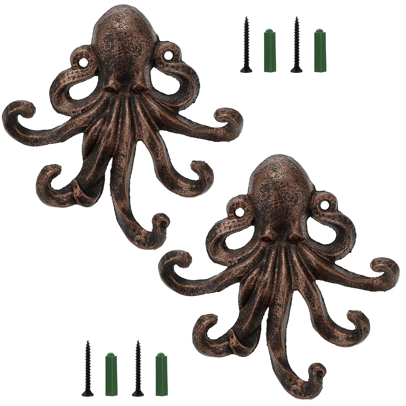 Sumnacon Cast Iron Coat Hook 2Pcs Octopus Hook Decorative Towel Hook Holder with Screws Octopus Key Holder Wall Nautical Wall Hook for Enterway Bathroom Red Bronze