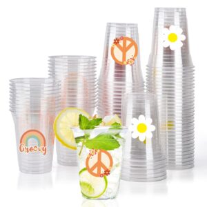 150 pack groovy party plastic cups boho retro hippie disposable clear cups 12 oz daisy flower drinking cups bulk for hippie boho birthday party wedding baby shower drinkware decorations