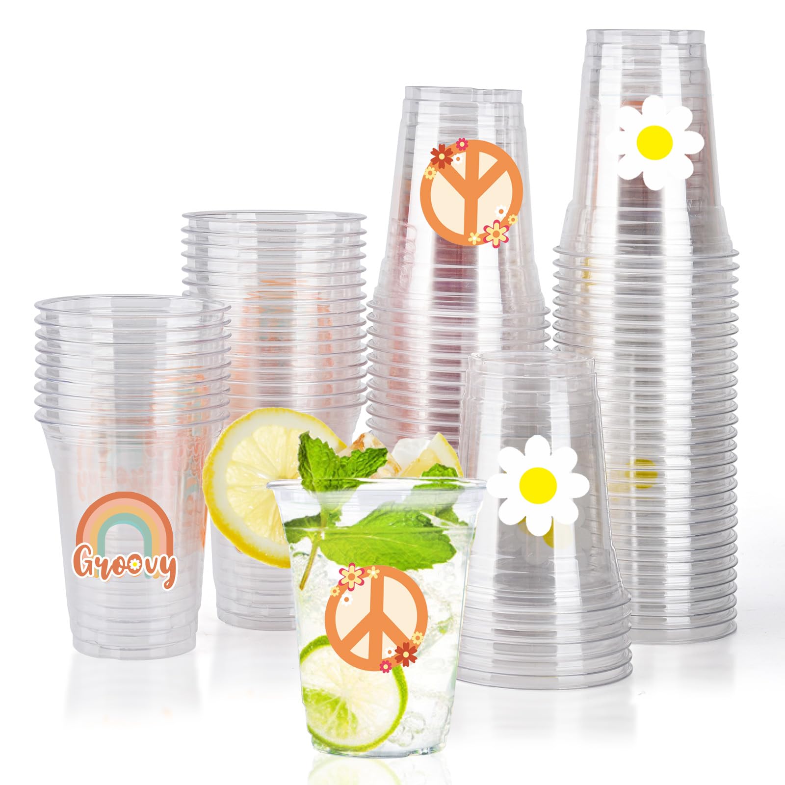 150 Pack Groovy Party Plastic Cups Boho Retro Hippie Disposable Clear Cups 12 oz Daisy Flower Drinking Cups Bulk for Hippie Boho Birthday Party Wedding Baby Shower Drinkware Decorations