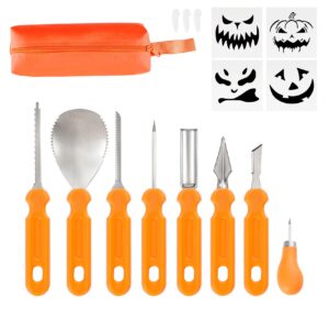 pumpkin carving kit halloween, 8 pcs professional heavy duty pumpkin carving tools with 4 pumpkin carving stencils,stainless steel pumpkin carving tools for halloween decoration with thick handbag