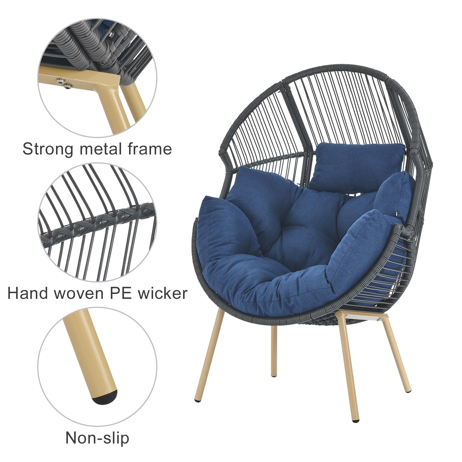 Egg Chair Outdoor Basket Chairs - Wicker Patio Cuddle Chair with Cushions Rattan Tear Drop Egg Chair for Indoor Bedroom Outside Porch Deck Backyard Garden(Grey/Blue)