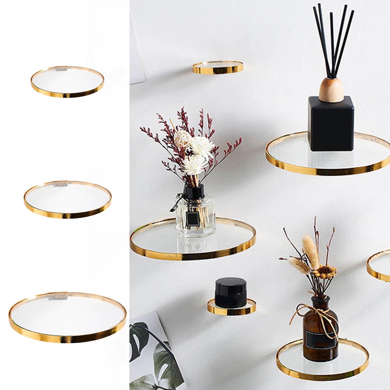 Wall Mounted Gold Glass Shelf, Wall Mounted Round Gold Glass Storage for Photo Frames, Collectibles, Decorative Items Hanging Storage Rack