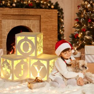 Light Up Christmas Decorations Indoor - 3pcs White Hollow-Out Paper Joy Boxes with Warm Light String, Holiday Fireplace Christmas Decorations for Home