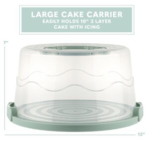 MosJos Extra Large Cake Carrier, Cake Stand with Lid and Foldable Handles - Multifunctional Serving Platter and Cake Plate - Cake Container with Dome and Strong Snaps 13 x 13 x 7 inch (Green)