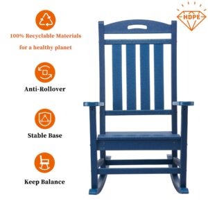 Adiromoti Outdoor Rocking Chair, All-Weather Resistant Poly Lumber Rocker Chair Outdoor, High Back Plastic Patio Rocking Chairs for Outside Porch Rocker Garden Lawn, Navy Blue