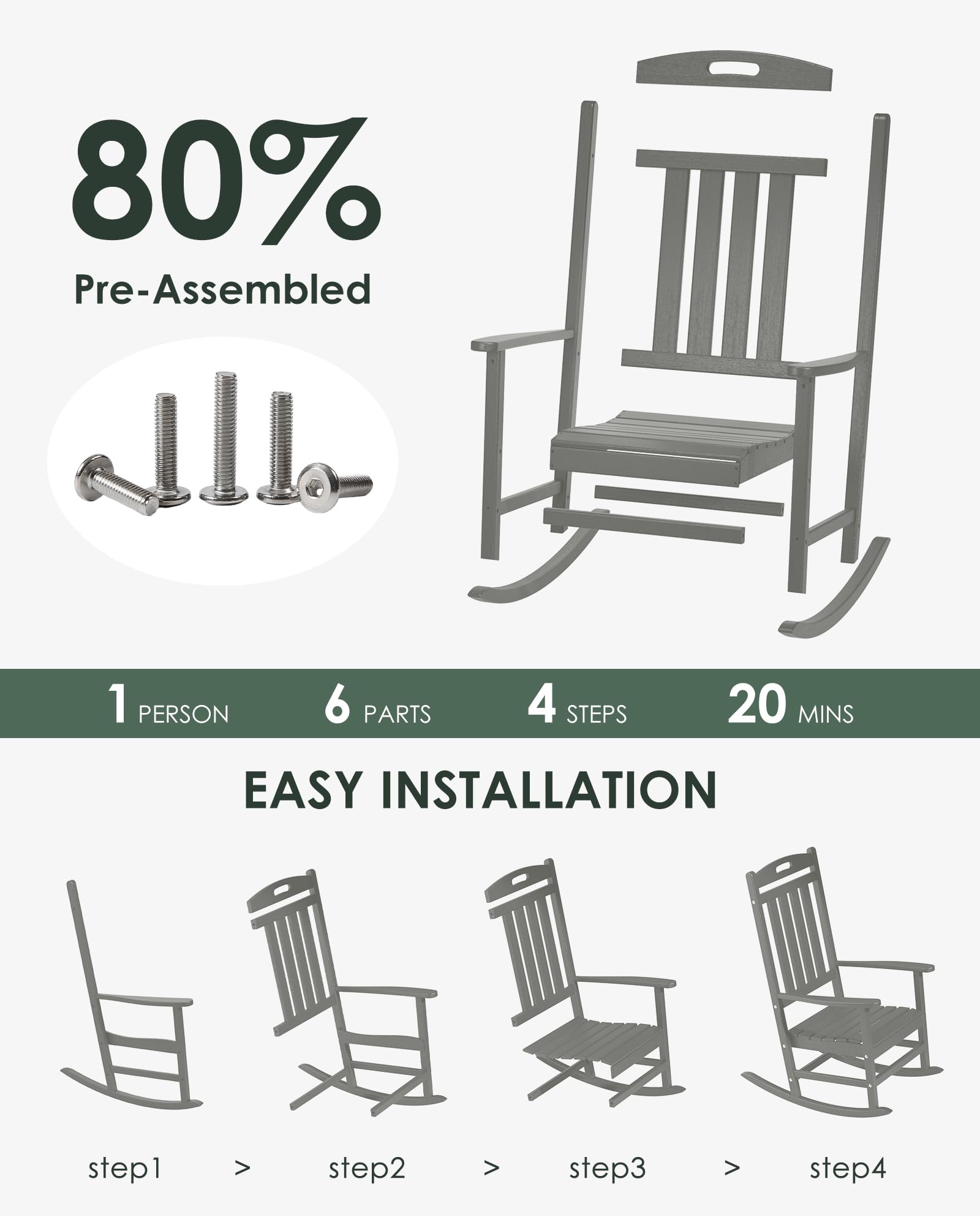 Adiromoti Outdoor Rocking Chair, All-Weather Resistant Poly Lumber Rocker Chair Outdoor, High Back Plastic Patio Rocking Chairs for Outside Porch Rocker Garden Lawn, Slate Grey