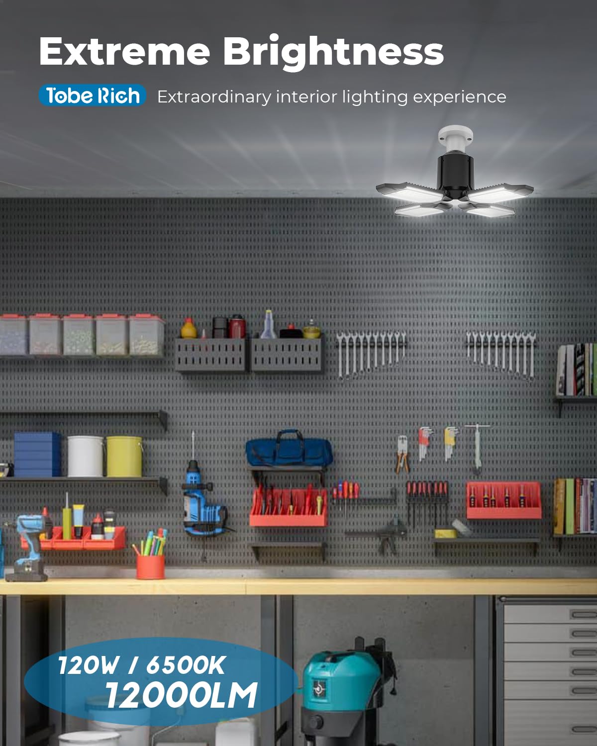 toberich LED Garage Light Bulb - 120W 12000LM Shop Lights with 4+1 Deformable Panels, 6500K Screw in Ceiling Lights for Garage, Workshop, Workbench, Basement (1 Pack)