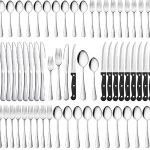 AIKWI 72-Piece Silverware Set with Steak Knives Service for 12, Stainless Steel Cutlery Flatware Set, Mirror Polished Tableware Utensils Set for Home Party Hotel Kitchen, Dishwasher Safe