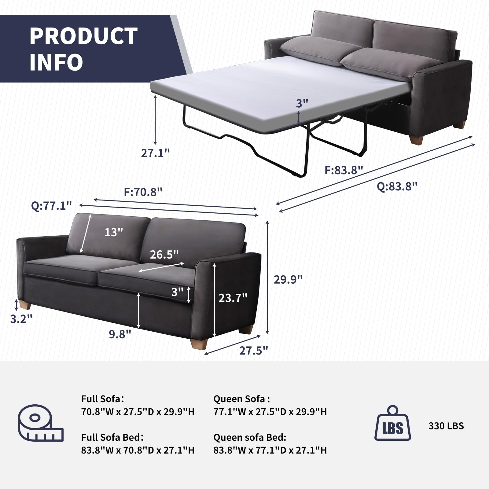 ijuicy Full Size Pull Out Couch, Pull Out Sofa Bed with Foam Mattress, Velvet Sofa with Pull Out Bed, 2-in-1 Sleeper Couch Bed for Living Room, Apartment, Small Spaces (Dark Grey)