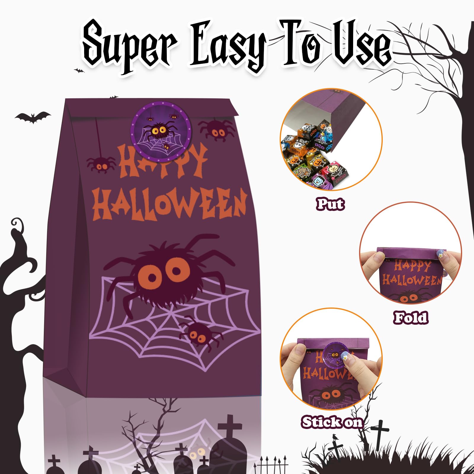 M-sorflly Halloween Treat Bags Large,24pcs Halloween Goodie Bags Paper,Trick or Treat for Kids Candy Bags and 24pcs Halloween Stickers Gift Bags