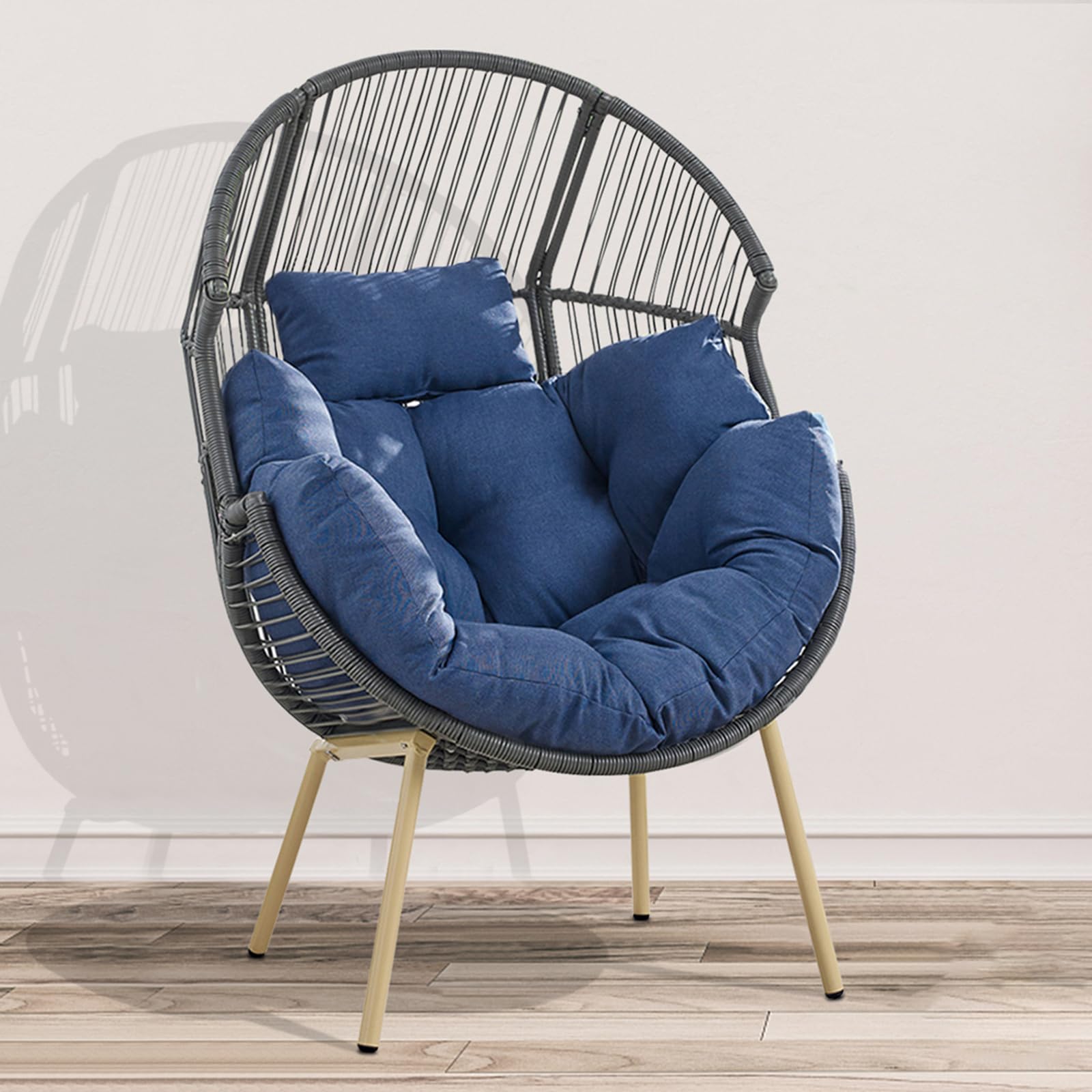 Egg Chair Outdoor Basket Chairs - Wicker Patio Cuddle Chair with Cushions Rattan Tear Drop Egg Chair for Indoor Bedroom Outside Porch Deck Backyard Garden(Grey/Blue)