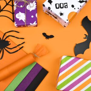 100 Sheets Halloween Tissue Paper for Gift Wrapping, Orange Purple Black Green Tissue Paper with Pumpkin Bat Ghost Boo Pattern Decorative Tissue for Halloween Party DIY Craft