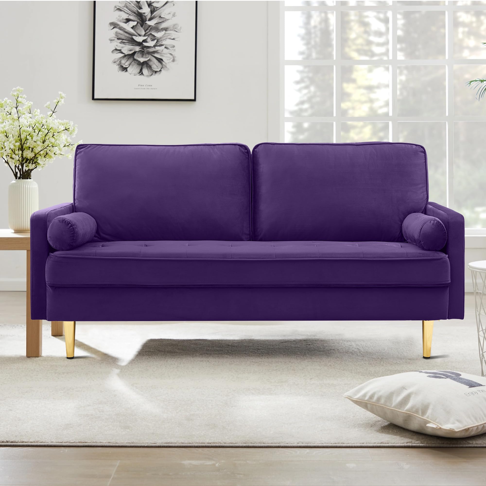 Hdxdkog Velvet Loveseat Sofa, 66.9'' Mid Century Modern Small Love Seats with 2 Pillows & Golden Legs Comfy Couch for Living Room, Upholstered 2 Seater Sofa for Small Apartment (Purple)