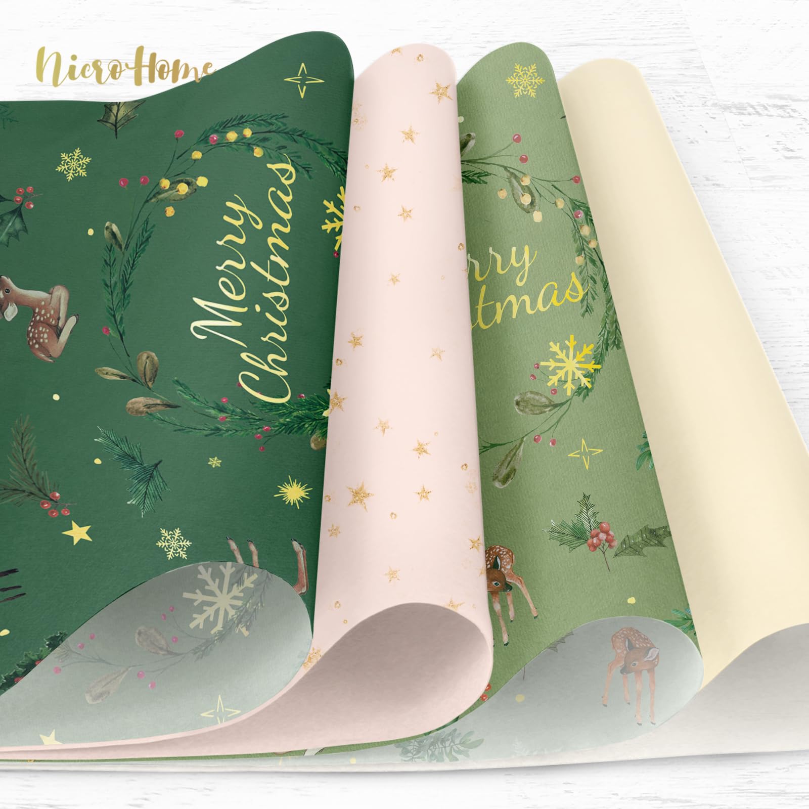 NICROHOME 24 Sheets Christmas Tissue Paper, Dark Green Pink Vintage Snowflake Wrapping Paper Set Bundle for Holiday Christmas Gift Bags Wrapping (20 x 15Inch)