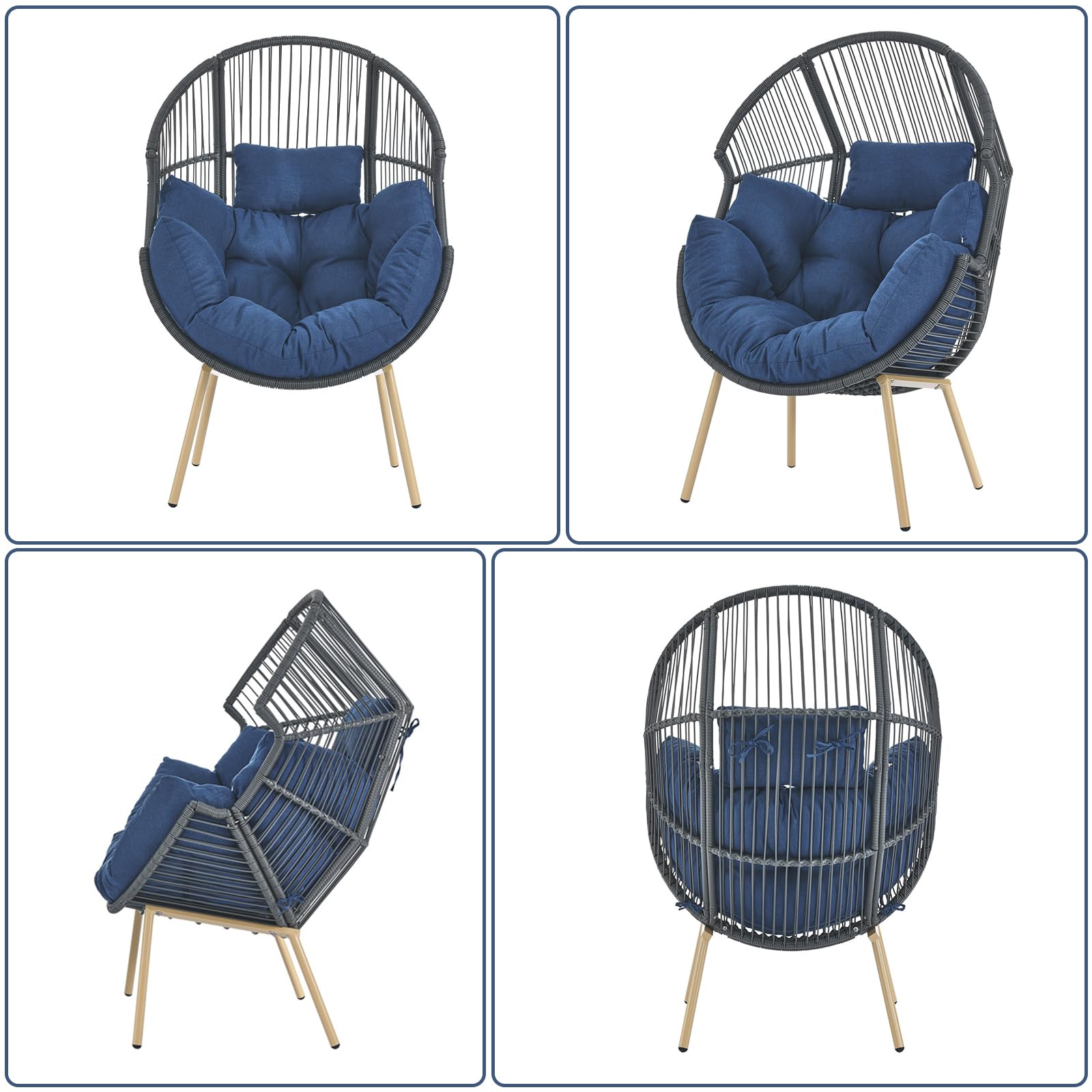 Egg Chair Outdoor Basket Chairs - Wicker Patio Cuddle Chair with Cushions Rattan Tear Drop Egg Chair for Indoor Bedroom Outside Porch Deck Backyard Garden(Grey/Blue)