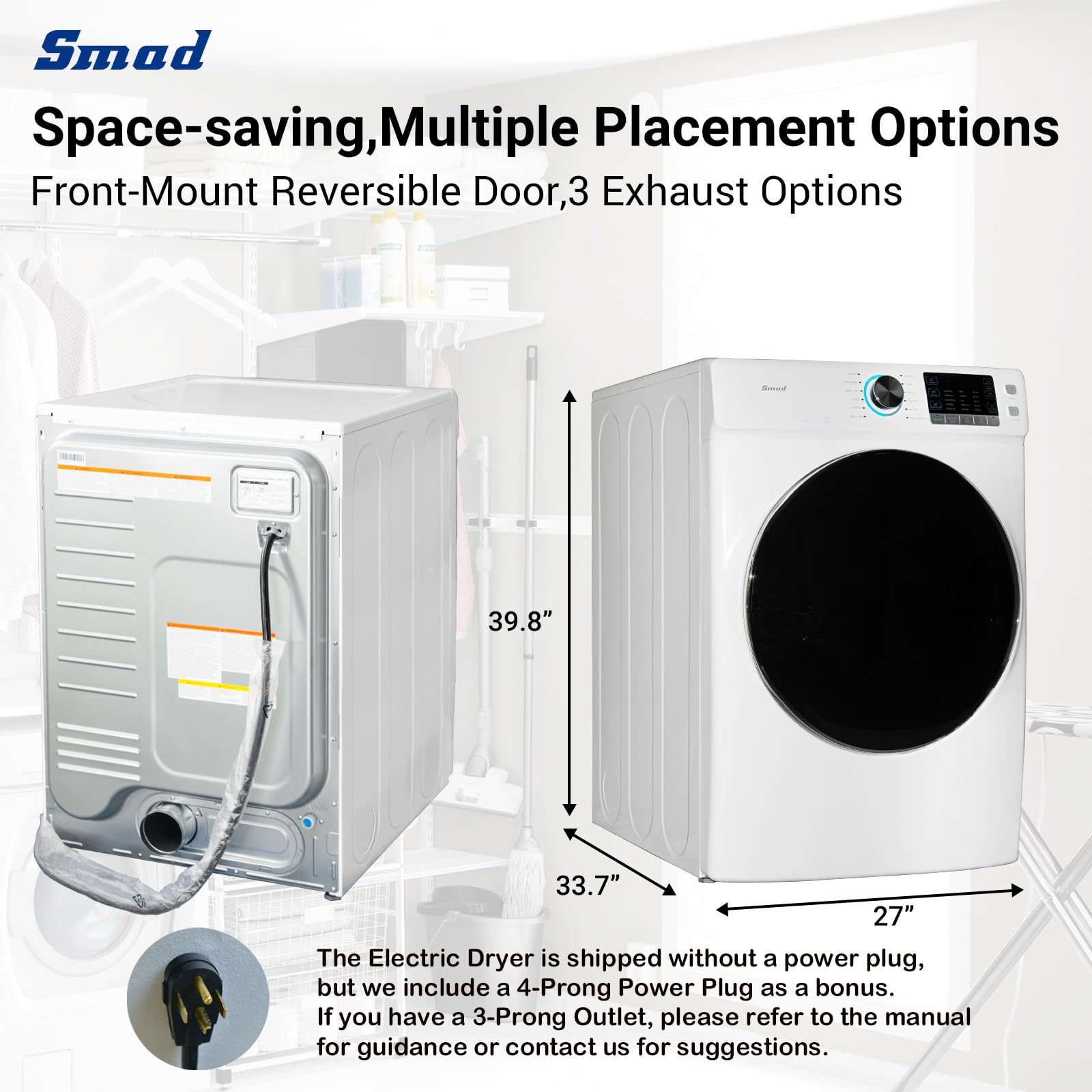 Smad 8.0 Cu.ft Electric Dryer, 27" Full Size Clothes Dryer Machine, 120V 240V Stackable Large Capacity Front Load Dryer For Apartment, Home, RV and Laundry