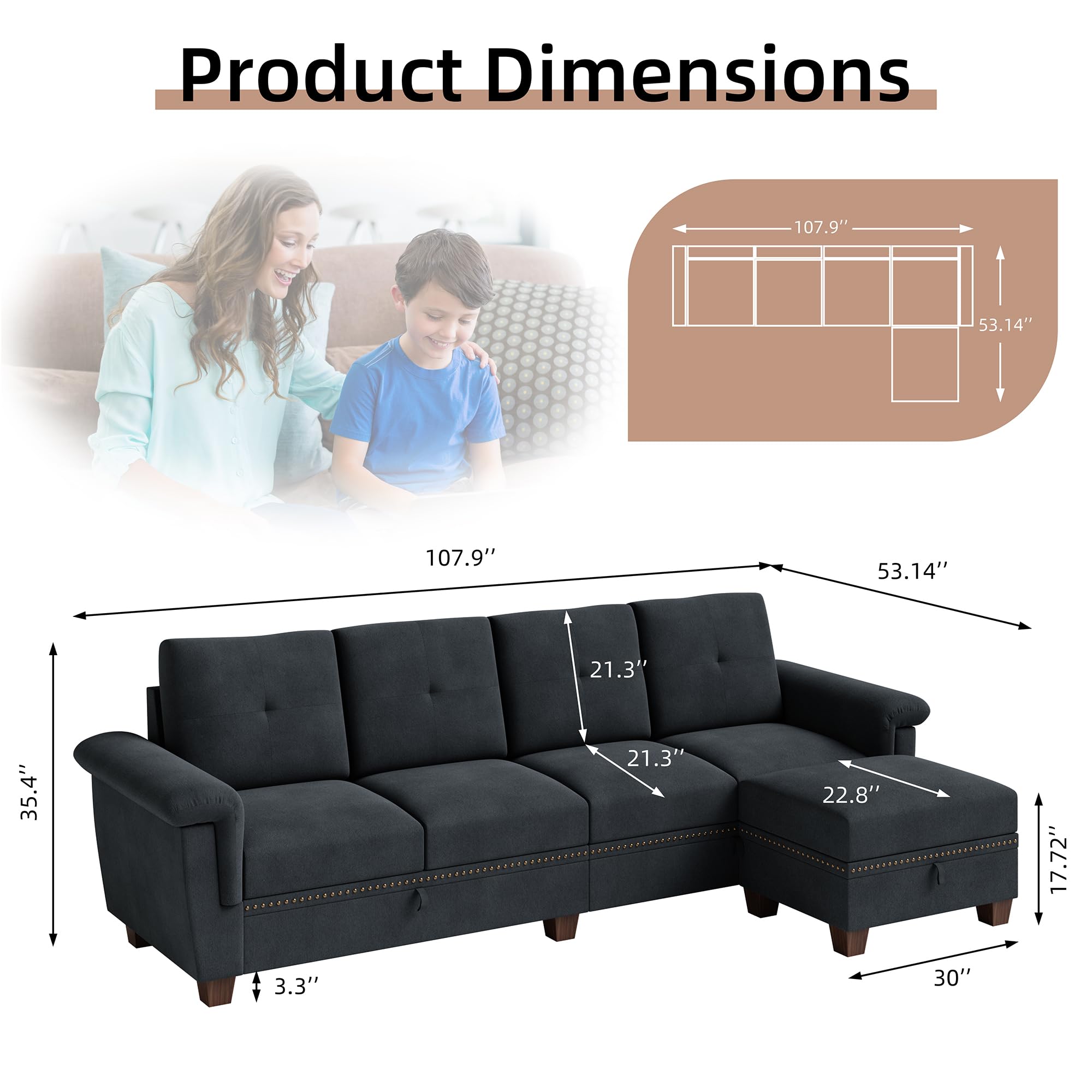 JAMFLY Sectional Couches for Living Room L Shaped Couch with Storage, 4-Seat Convertible Sectional Sofa Couch with Ottoman, Living Room Furniture Sets with Cup Holders, Dark Gray