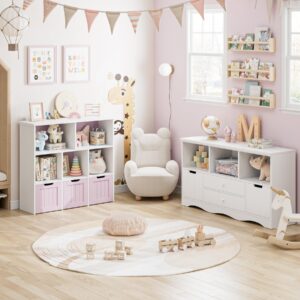 FOTOSOK Toy Storage Organizer with 3 Movable Drawers, Floor Storage Cabinet Toy Chest with Hidden Wheels and 5 Storage Cubbies, Multifunctional Storage Chest for Living Room, Home Office, Pink