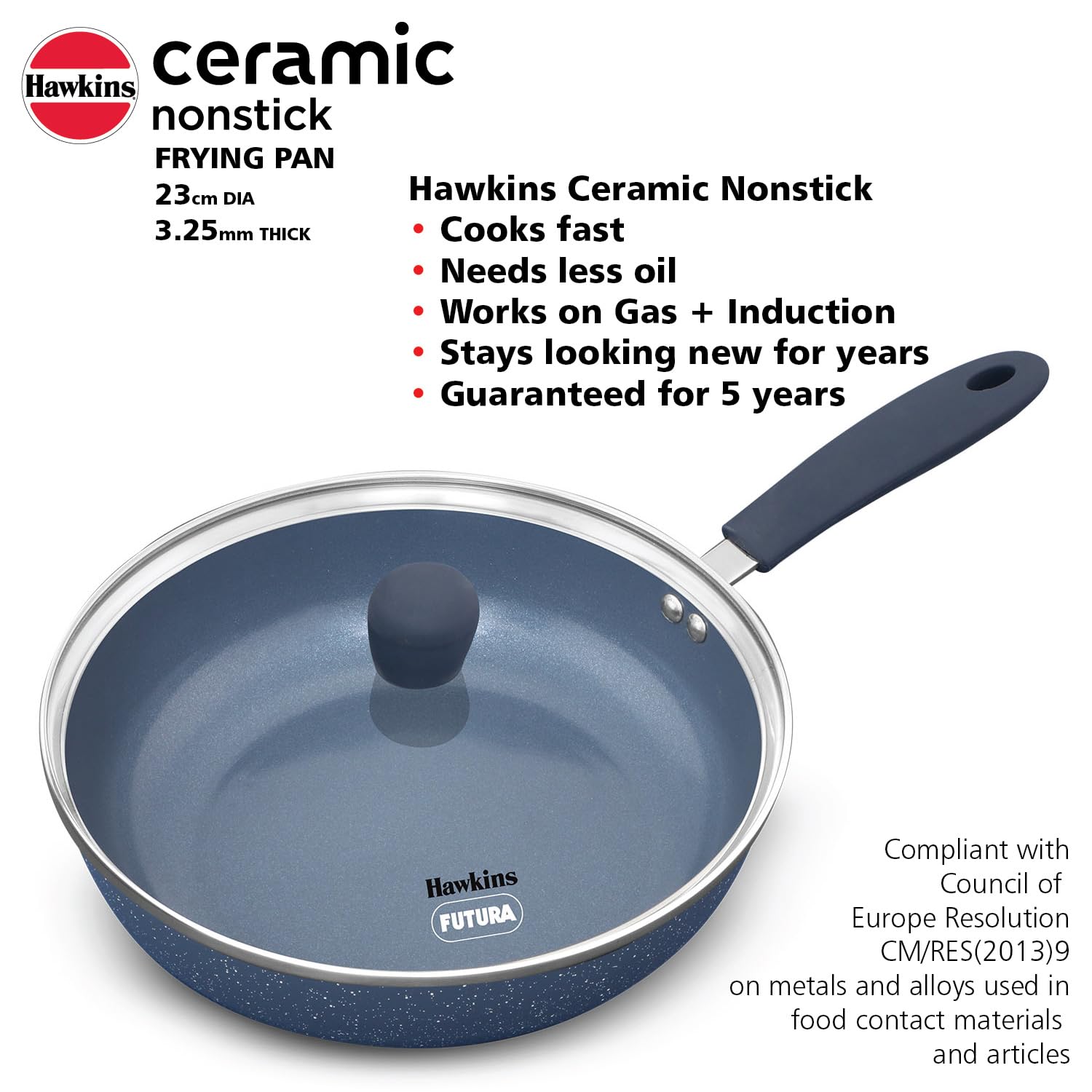 HAWKINS Ceramic Nonstick Frying Pan, 24 cm Diameter, Induction Fry Pan with Glass Lid, Granite Omlette Egg Pan, Fish Pan (ICF24G)