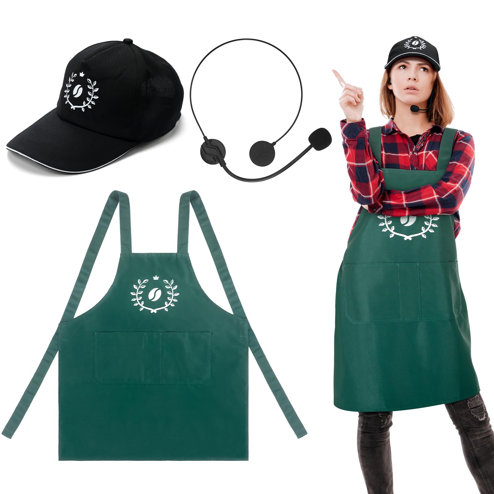 Liitrsh Barista Apron Halloween Costume with Hat and Microphone Green Coffee Theme Adult Outfits with Logo for Man Women Kitchen Cooking Halloween Adult