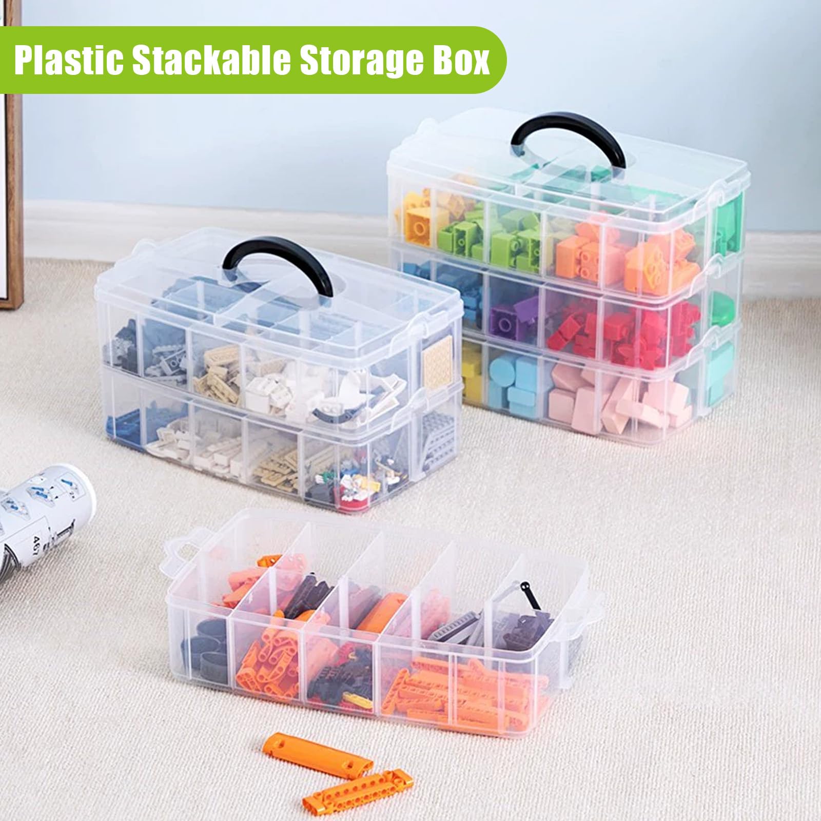 Large size Craft Storage Box with 30 Adjustable Compartments 3-Tier Bead Storage Organizer Clear Stackable Plastic Box Containers with Handle for Arts Jewelry Toy Sewing Accessories Beauty Supplies