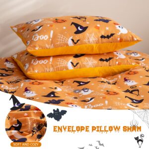 Luxudecor Halloween Duvet Cover Set King Size Pumpkin Bat Tombstone Witch Hat Cobweb Pattern Duvet Cover Orange Soft Microfiber Halloween Themes Bedding Set Kids Gift(3pcs, 104"x90")