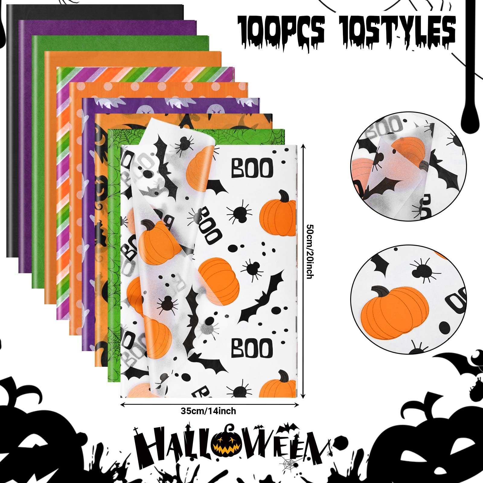 100 Sheets Halloween Tissue Paper for Gift Wrapping, Orange Purple Black Green Tissue Paper with Pumpkin Bat Ghost Boo Pattern Decorative Tissue for Halloween Party DIY Craft