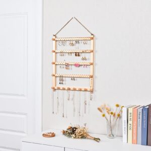 Lolalet Hanging Jewelry Organizer, 5-Tier Wooden Earring Wall Holder Jewelry Display Rack for Earrings Dangles Necklaces Bracelets -Natural