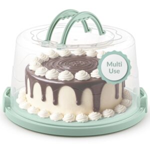 mosjos extra large cake carrier, cake stand with lid and foldable handles - multifunctional serving platter and cake plate - cake container with dome and strong snaps 13 x 13 x 7 inch (green)