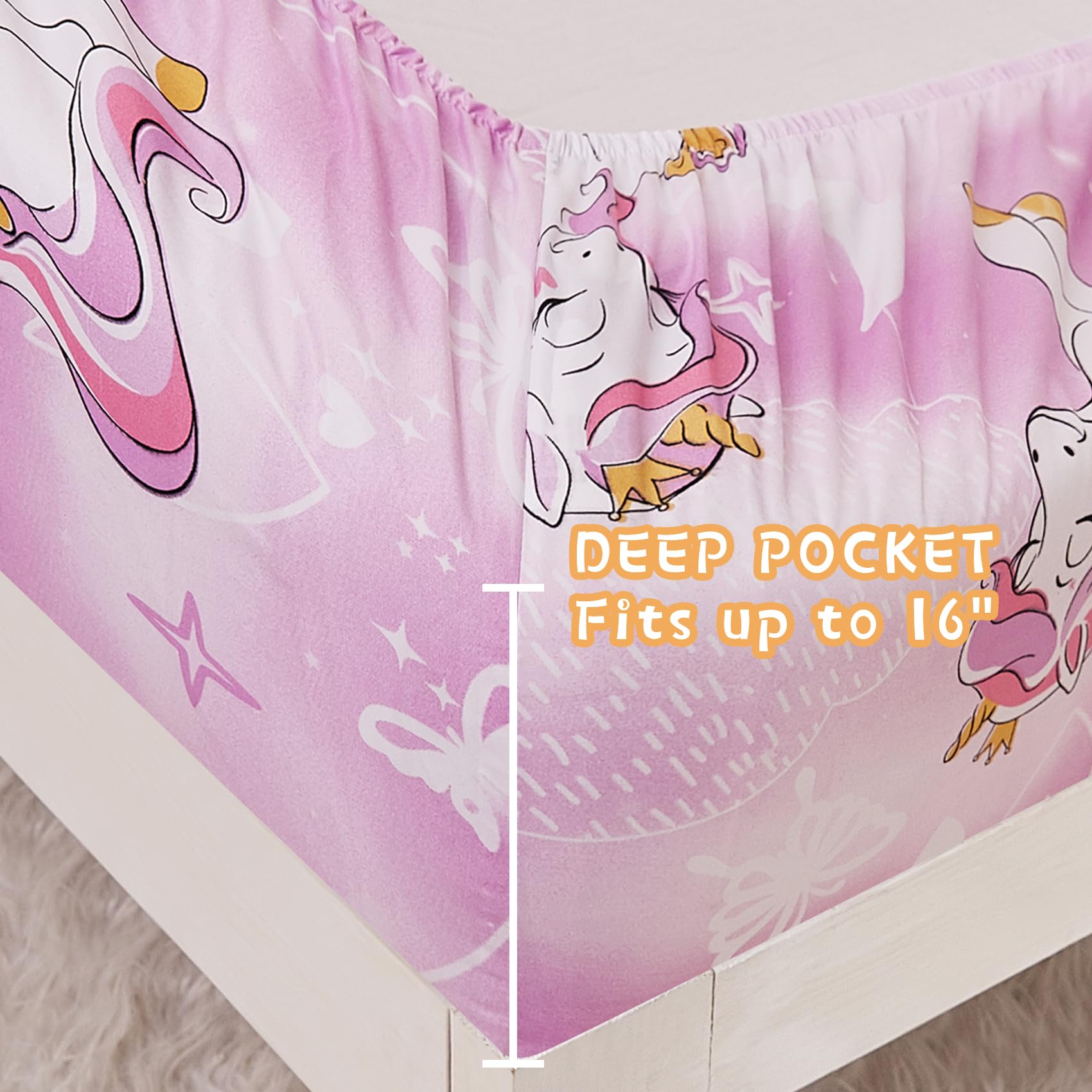 Yibeizi Unicorn Twin Sheets Set for Girls, Kids Cute Princess Printed Bedsheets Microfiber Deep Pocket Bed Sheet & Pillowcase Sets 3 Pieces