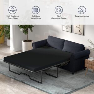 ijuicy 74" Full Size Pull Out Sofa Bed, 2-in-1 Pull Out Couch Bed with Rivets Armrest, Linen Sleeper Sofa with Memmory Foam Mattress,Modern Sofa Bed for Living Room(Upgraded/Dark Grey/Full)