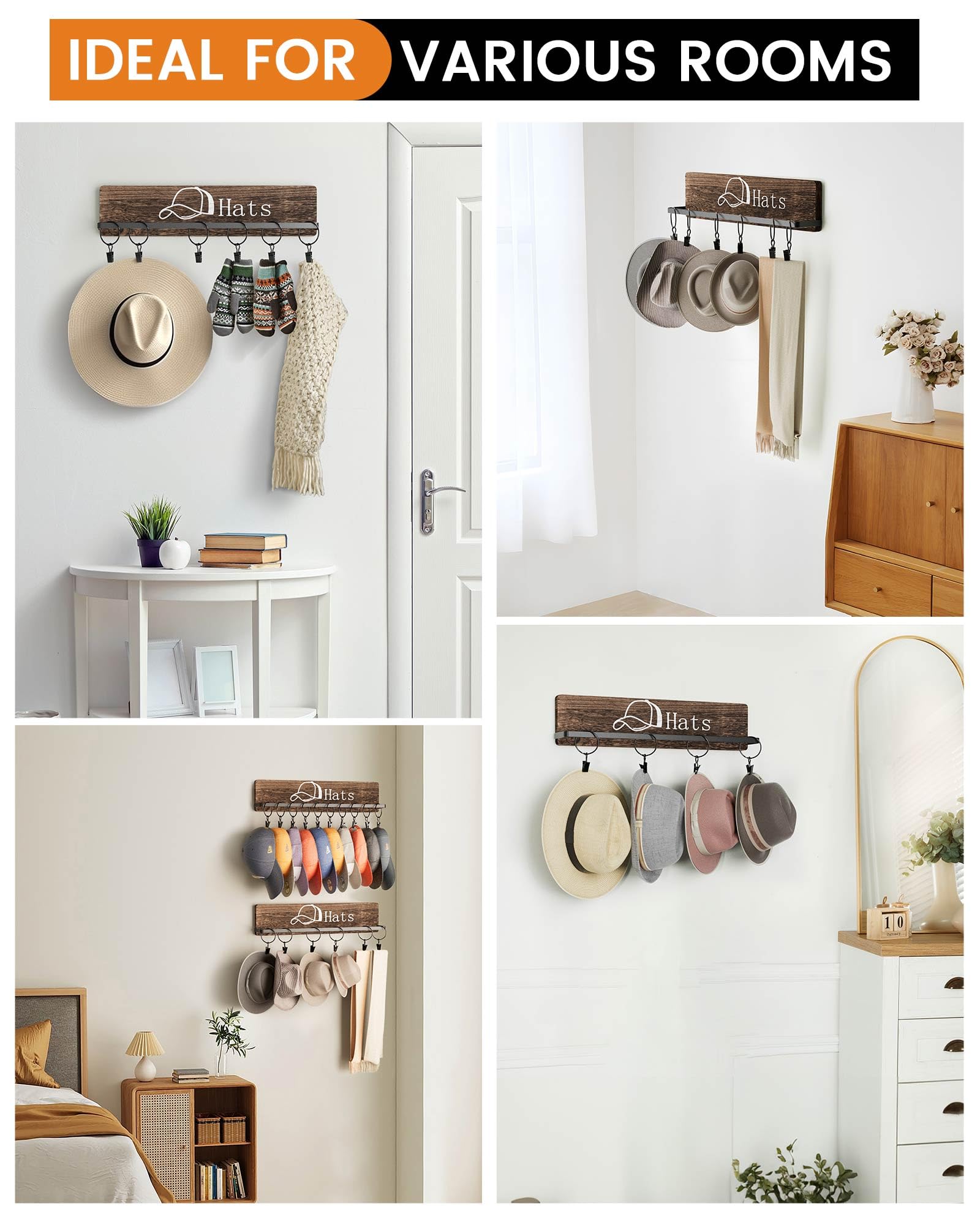 Bulado Hat Rack for Wall, Hat Organizer for Baseball Caps with 20 Hooks, Hat Storage Organizer Wall Mount, Rustic Cowboy Hat Rack Display Holder, Wood Hat Hangers for Closet Bedroom Entryway Set of 2