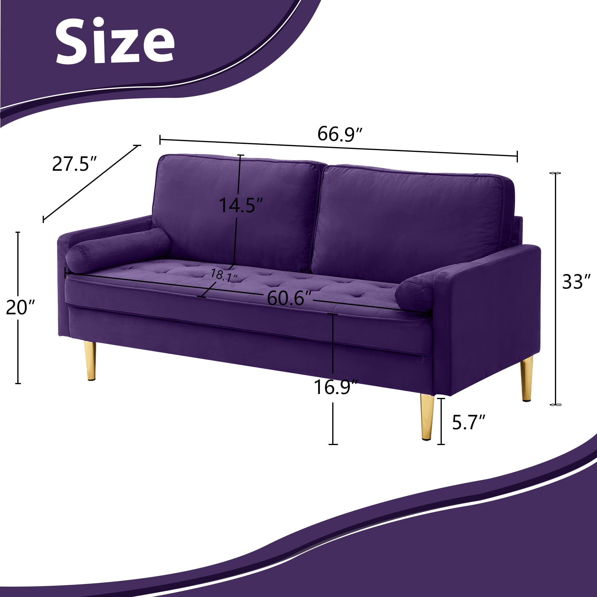 RXRRXY 67" Modern Velvet Loveseat Sofa Couch, Mid-Century Tufted Upholstered Small Love Seat Couch with 2 Pillows & 4 Golden Legs, 2-Seats Couches for Compact Space, Living Room, Apartment (Purple)