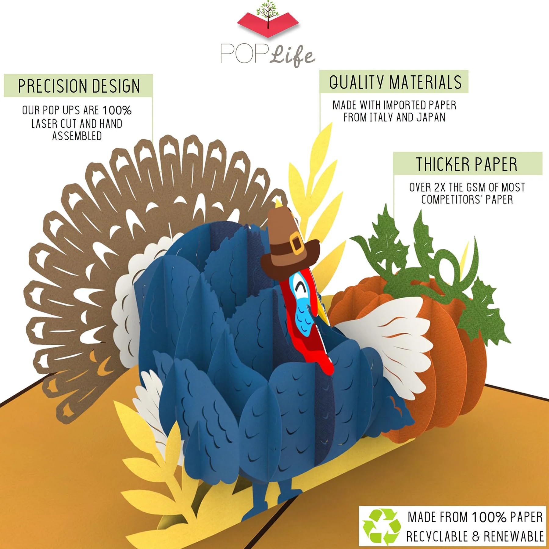 PopLife Autumn Turkey 3D Pop Up Card - Thanksgiving Greeting Card, Anniversary, Birthday Card, Thank You, Congratulations, Fall, Christmas Decoration - For Mom and Dad, for Wife and Husband, for