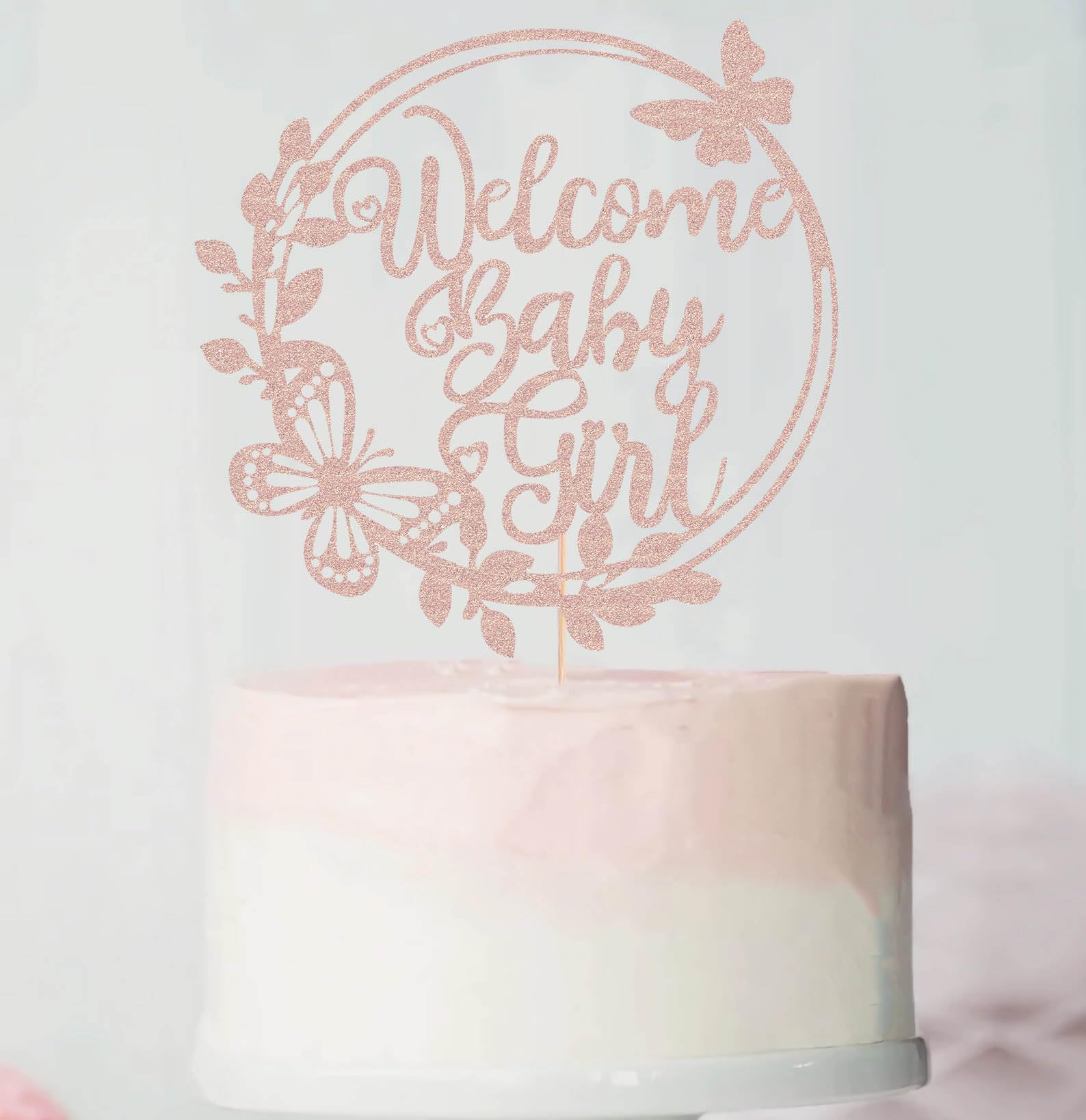 AHAORAY Welcome Baby Girl Cake Topper - Rose Gold Glitter Baby Shower Cake Decorations for Girl, Baby Girl Cake Topper, for Baby Shower/Baby Birthday Party/Baby Gender Reveal Party Photo Booth Props