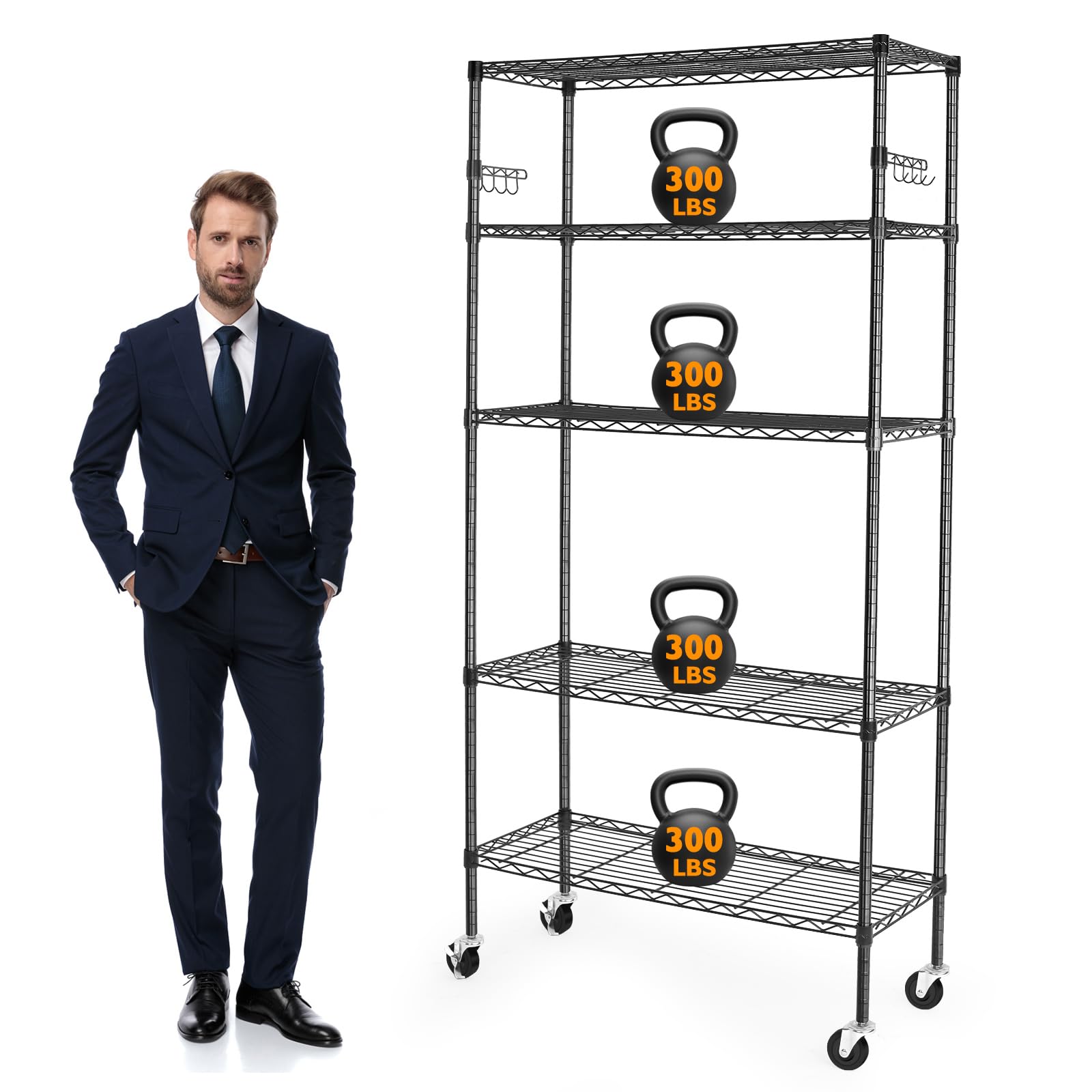 BolDuck 5 Tier Storage Shelves with Wheels, 1750lbs Capacity Heavy Duty Shelving Units, 14x36x75inch Adjustable Metal Shelf Wire Shelving Rack for Garage, Kitchen, Office, Black