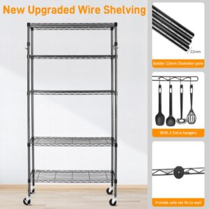 BolDuck 5 Tier Storage Shelves with Wheels, 1750lbs Capacity Heavy Duty Shelving Units, 14x36x75inch Adjustable Metal Shelf Wire Shelving Rack for Garage, Kitchen, Office, Black