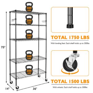 BolDuck 5 Tier Storage Shelves with Wheels, 1750lbs Capacity Heavy Duty Shelving Units, 14x36x75inch Adjustable Metal Shelf Wire Shelving Rack for Garage, Kitchen, Office, Black