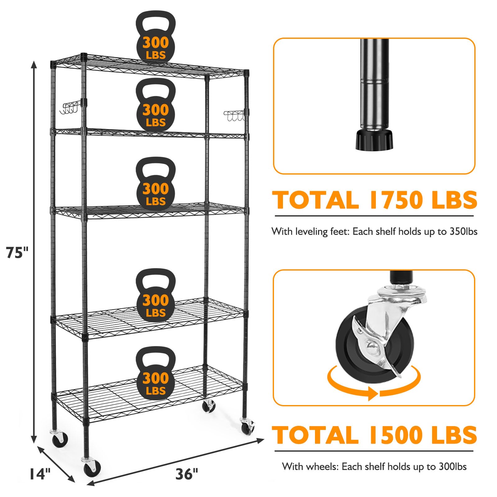 BolDuck 5 Tier Storage Shelves with Wheels, 1750lbs Capacity Heavy Duty Shelving Units, 14x36x75inch Adjustable Metal Shelf Wire Shelving Rack for Garage, Kitchen, Office, Black