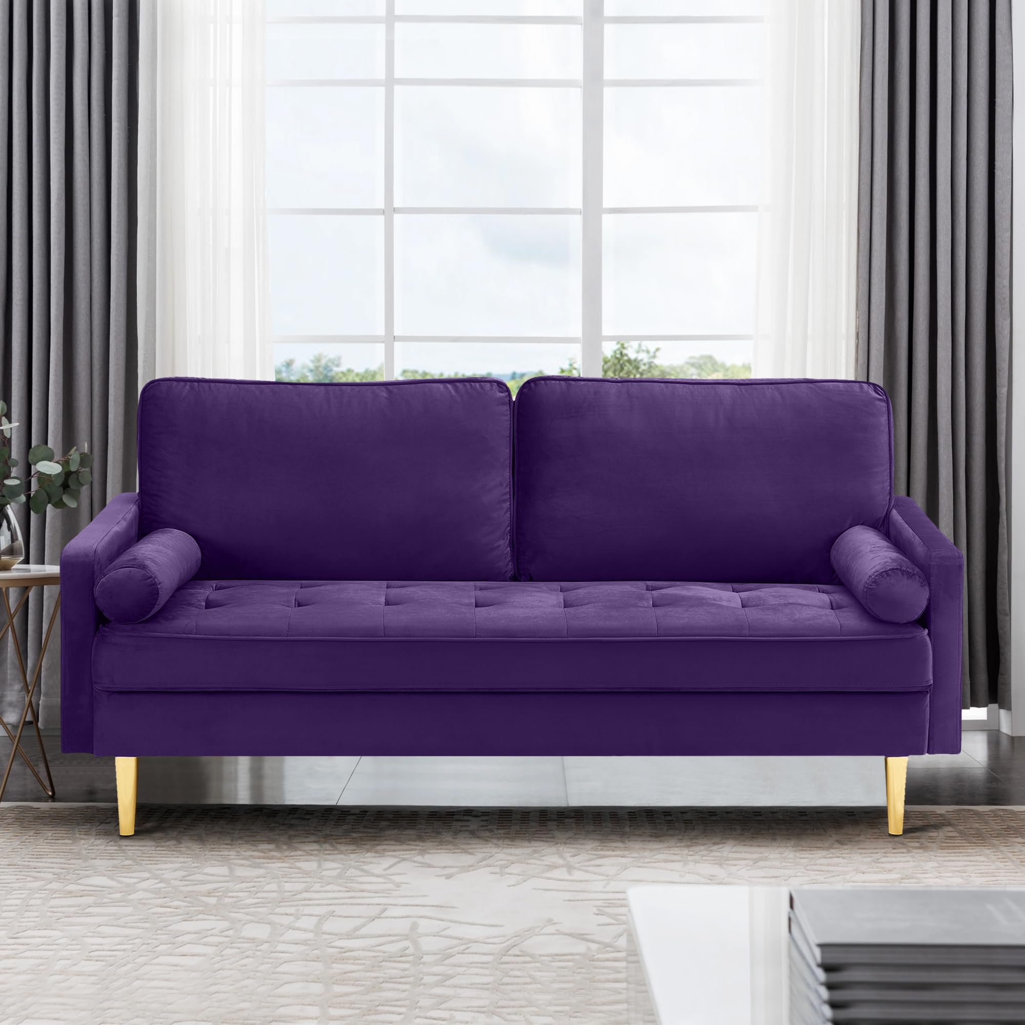 RXRRXY 67" Modern Velvet Loveseat Sofa Couch, Mid-Century Tufted Upholstered Small Love Seat Couch with 2 Pillows & 4 Golden Legs, 2-Seats Couches for Compact Space, Living Room, Apartment (Purple)