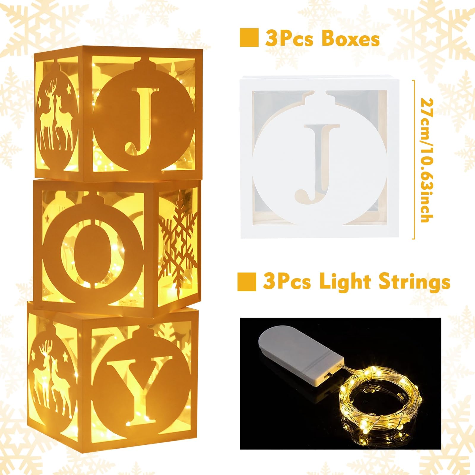 Light Up Christmas Decorations Indoor - 3pcs White Hollow-Out Paper Joy Boxes with Warm Light String, Holiday Fireplace Christmas Decorations for Home