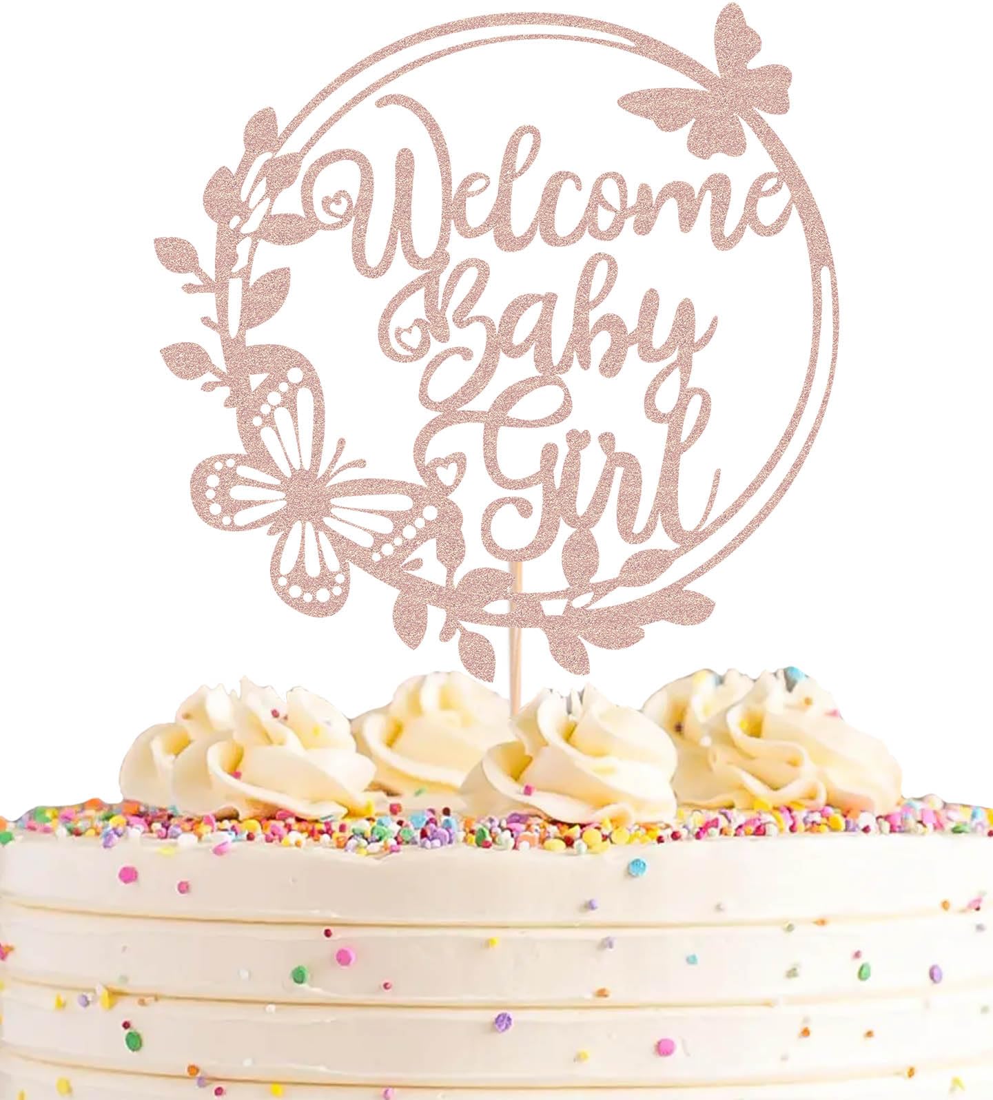 AHAORAY Welcome Baby Girl Cake Topper - Rose Gold Glitter Baby Shower Cake Decorations for Girl, Baby Girl Cake Topper, for Baby Shower/Baby Birthday Party/Baby Gender Reveal Party Photo Booth Props